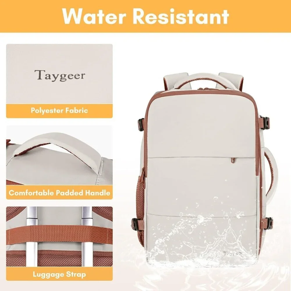 Travel Khaki White Backpack for Women Carry On Laptop Bag USB Port TSA Pouch